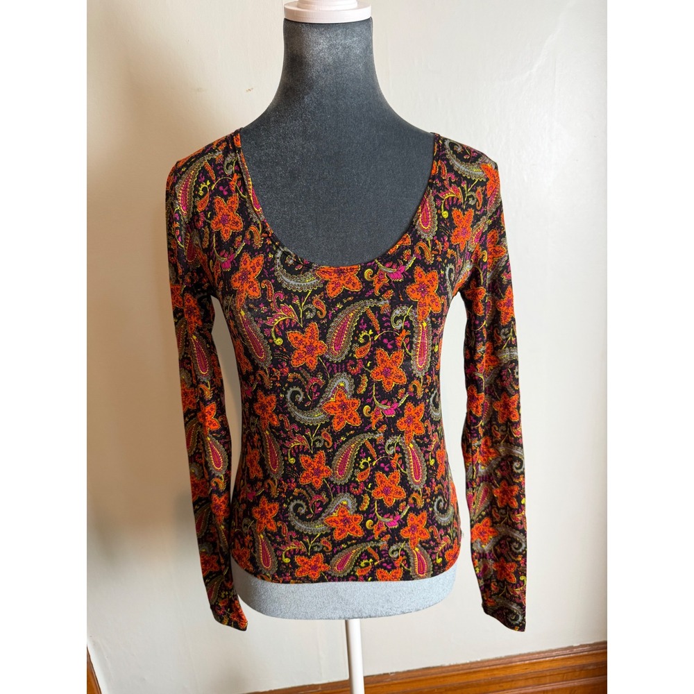 Vintage Style Paisley Floral Scoop Neck Long Sleeve Top Y2K mesh whimsical M